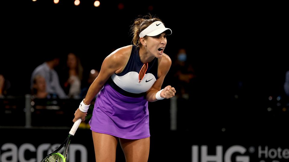 Belinda Bencic of Switzerland celebrates a point against Storm Sanders of Australia during the Adelaide International quarterfinals.