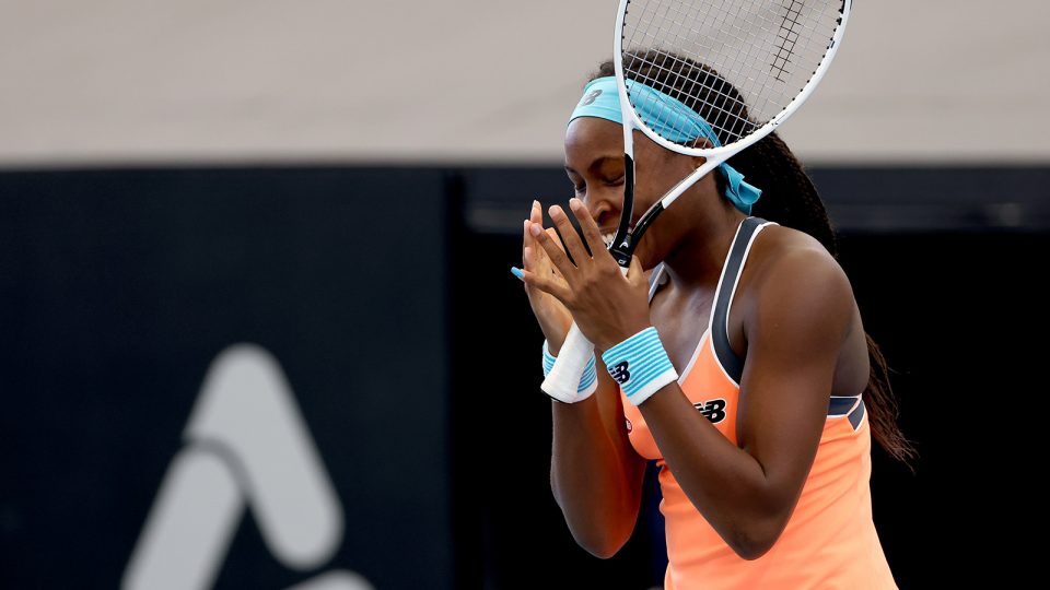Cori Gauff celebrates her quarterfinal win against Shelby Rogers at the Adelaide International.