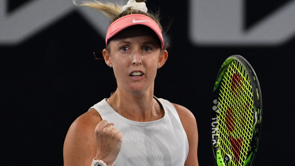 Storm Sanders celebrates her victory over Ajla Tomljanovic at the Adelaide International.