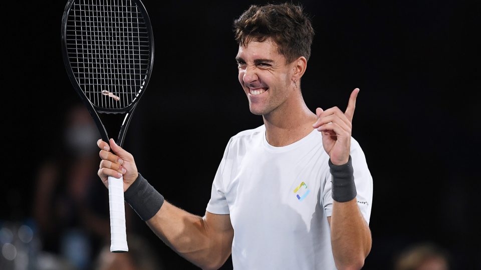 Thanasi Kokkinakis of Australia celebrates winning his Adelaide International quarterfinal against Aleksandar Vukic