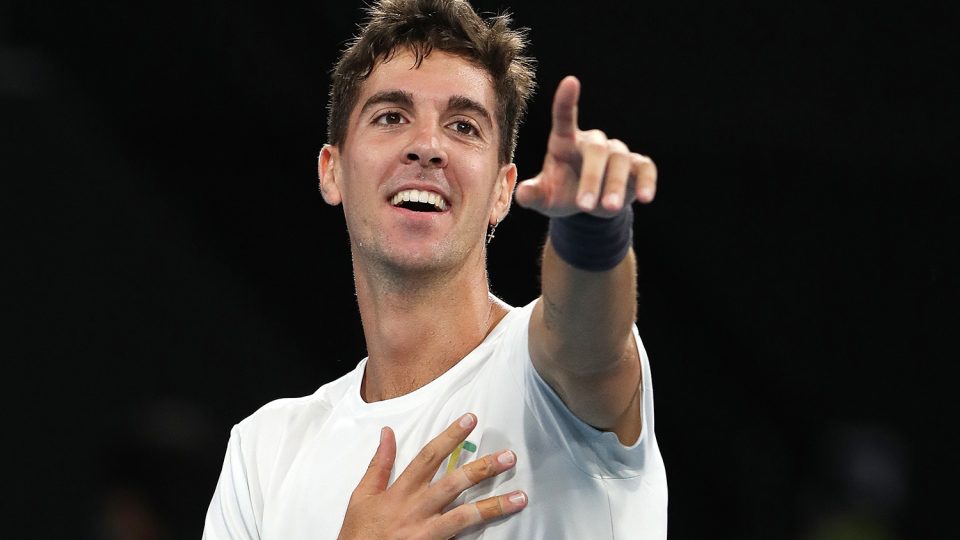 Thanasi Kokkinakis celebrates his semifinal win over Marin Cilic at Adelaide International 2