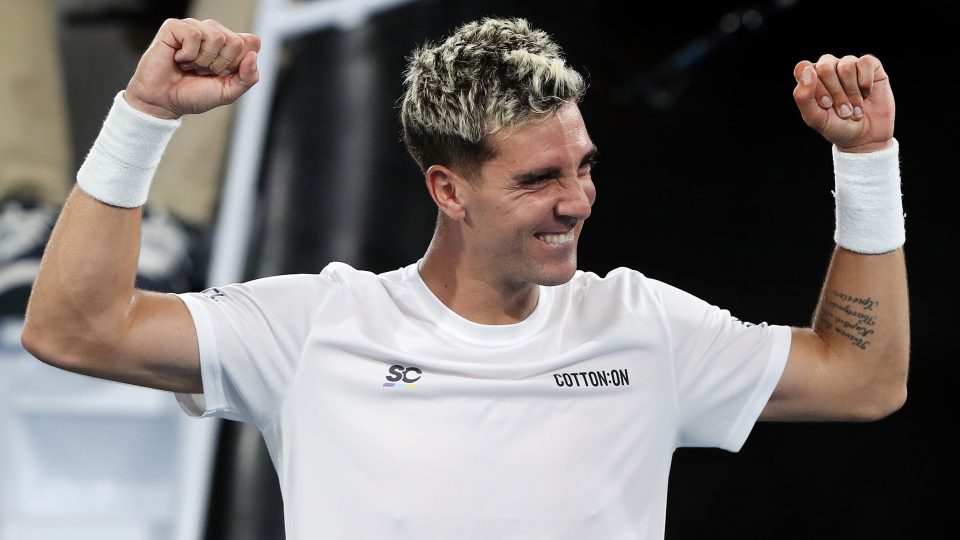 Thanasi Kokkinakis celebrates victory at the Adelaide International 2 tournament; Getty Images